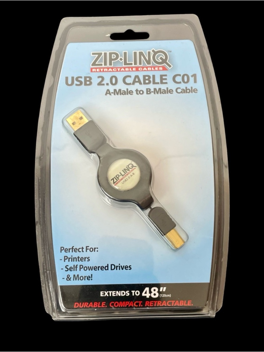 ZIP-LINQ Retractable USB 2.0 Cable | A to B Gold-Plated | Compact Tech Essential